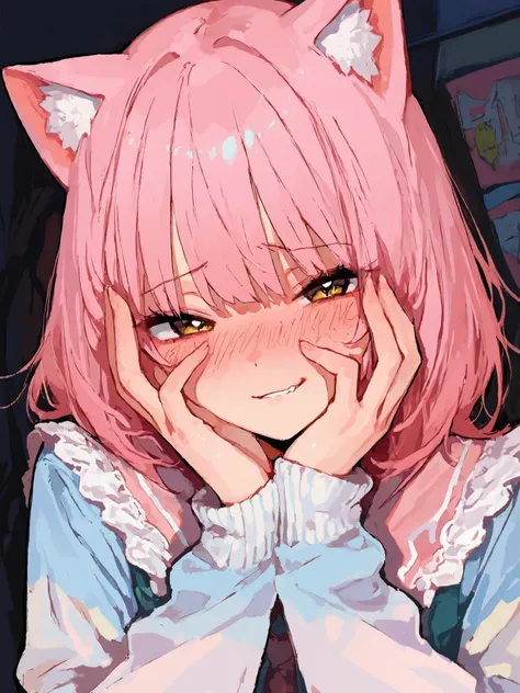 Masterpiece, (best quality), 4k, 8k, flawless, detailed, warm and comfy street, 1girl, catgirl, young, girly pop, stylish, covers face with hands, shy smirk, blushing, detailed eyes, (detailed background:0.9), shiny skin, 748cmstyle