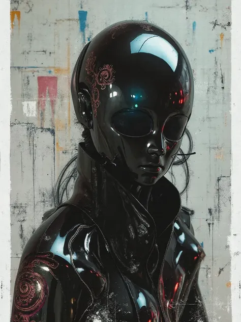 
Gritty scifi concept art and avant garde post photography. Create a captivating half-body shot of an abstract sci-fi faceless android mannequin, exuding an aura of futuristic mystery. The mannequin should be crafted from reflective holographic gloss black...