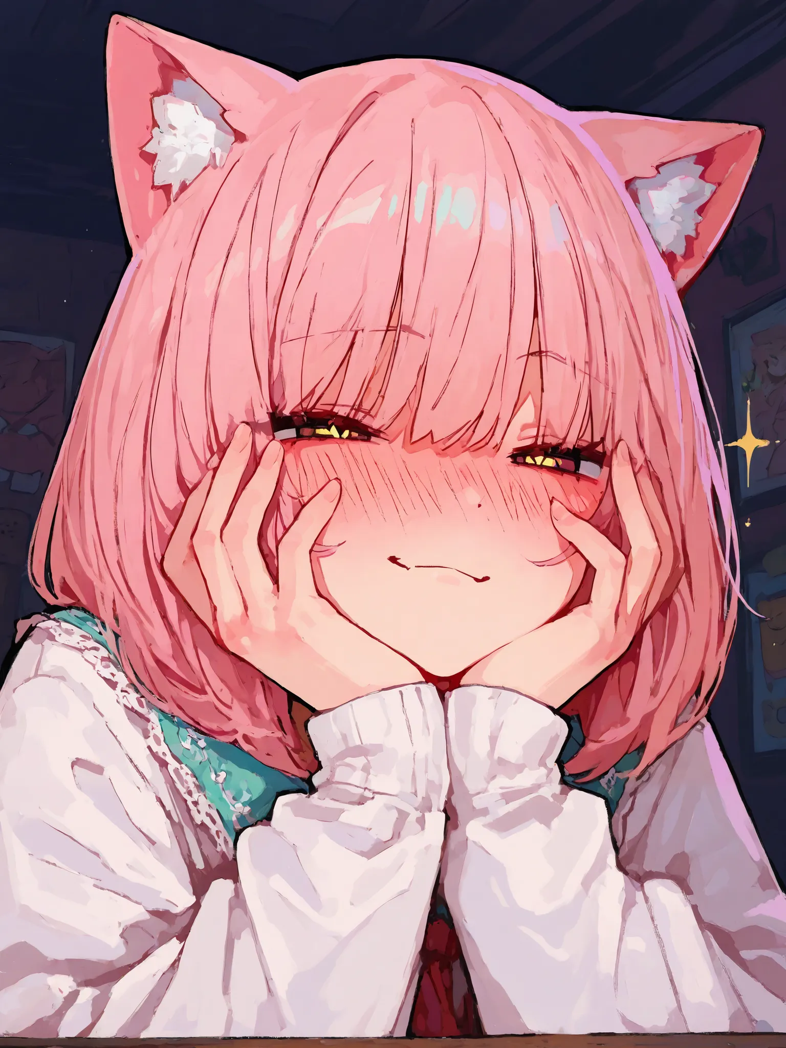 Masterpiece, (best quality), 4k, 8k, flawless, detailed, warm and comfy street, 1girl, catgirl, young, girly pop, stylish, covers face with hands, lewd smirk, blushing, detailed eyes, (detailed background:0.9), shiny skin, 748cmstyle