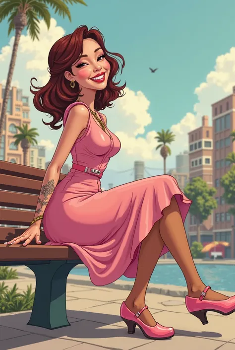 Tip: A very lovely  beautiful Asian American woman being happy alone on a bench in Downtown San Diego in the sun… The illustration is a high definition illustration with 4k resolution., with highly detailed facial features and cartoon style visuals, pink k...