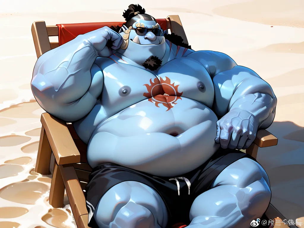 solo, 1boy,jinbe, blue skin, detailed face, beach, smile, Happy, detailed eyes, shorts, chest tattoo, wide shoulder, thick arms, (chubby, belly), wide pectoral, muscle, short hair:1.2, detailed eyes, focus eyes, sunglasses, sunbathing, shirtless, masterpie...