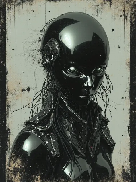 
Gritty scifi concept art and avant garde post photography. Create a captivating half-body shot of an abstract sci-fi faceless android mannequin, exuding an aura of futuristic mystery. The mannequin should be crafted from reflective holographic gloss black...