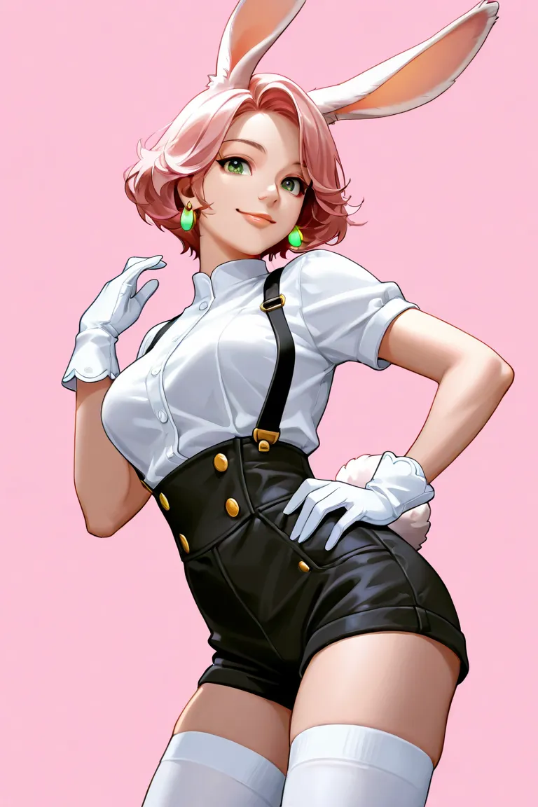  absolutely anatomically correct、 best quality、 Top Masterpieces、 cinematic lighting、1girl, animal ears, solo, rabbit ears, gloves, pink hair, earrings, jewelry, shorts, white gloves, pink background, tail, rabbit tail, thighhighs, hand on own hip, suspend...