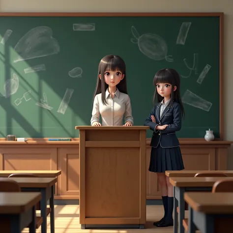 A female teacher standing at the podium, a transfer student in school uniform next to her, a blackboard, a classroom,