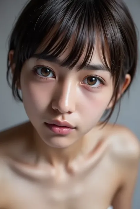 First-person perspective, lying on back, looking up, close face, leaning over, intense gaze, soft lighting, slight distortion, deep eye contact, blurred background, ultra-realistic.