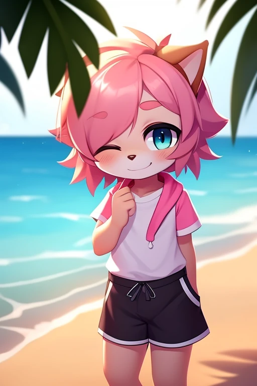 Cute shota boy, white, black, pink, hair covering one eye, cute background, summer outfit 