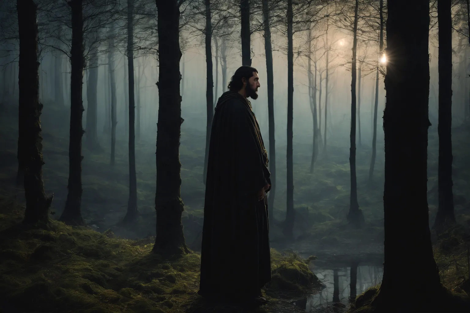 мужской  portrait. (black hair), Night, tremulous forest. DND (a man in medieval clothes), ( medieval ),  in medieval clothes,  portrait, (very blurred background,  medieval ). 