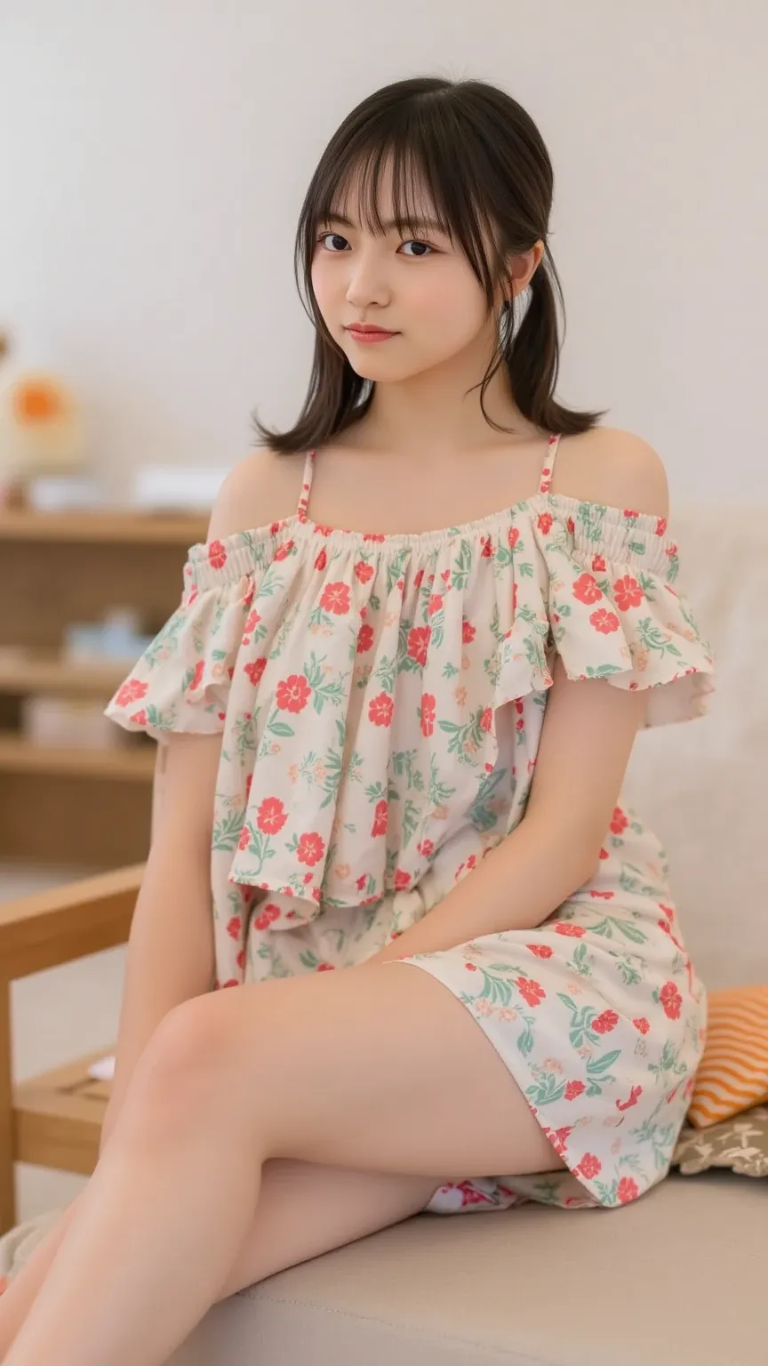 full body shot from the front、 Please give me off-shoulder mini one-piece pajamas,     Bend Your Knees, Expand Your Legs, Posing with legs crossed, and sit while staring at me,   Slender Barefoot   、smile、   living room background  

