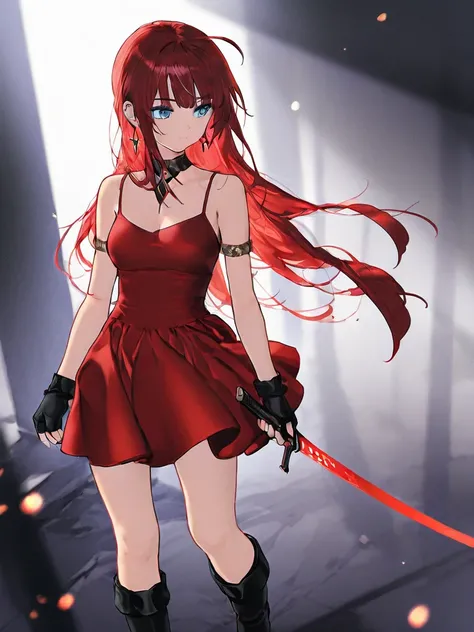 earrings、high image quality、Long、Superb Details、chest、simple background、 Decisive Poses、 standing、less exposure、cool、躍動感、Astringent、short boots、 red clothes、fantasy、weapons、 gloves