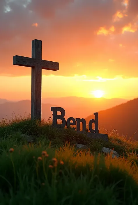 An image of a cross on the hill at sunset that serves as a background for letters