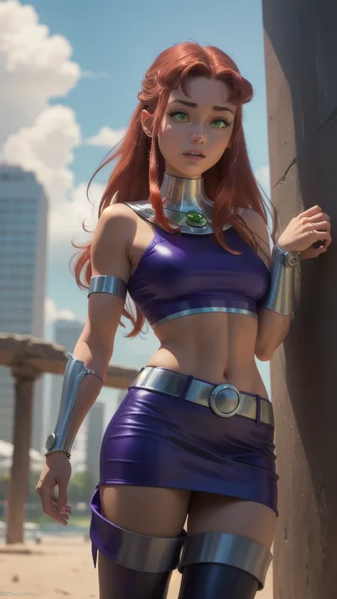 (masterpiece, the best quality), 1 girl,   Starfire, orange skin, red hair, ruff,  crop top, bracelet, bracelets,  midriff, skirt, purple skirt,  thigh boots