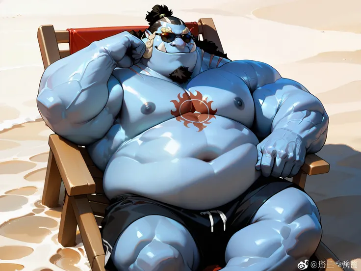 solo, 1boy,jinbe, blue skin, detailed face, beach, smile, Happy, detailed eyes, shorts, chest tattoo, wide shoulder, thick arms, (chubby, belly), wide pectoral, muscle, short hair:1.2, detailed eyes, focus eyes, sunglasses, sunbathing, shirtless, masterpie...