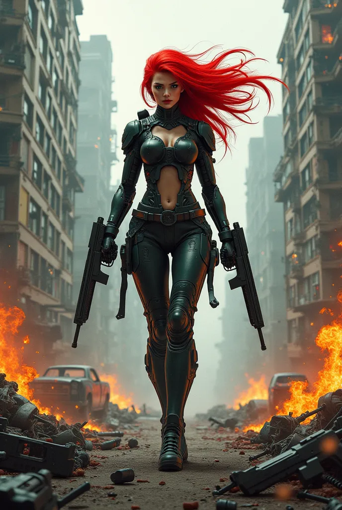 cyberpunk woman with red hair, holding two machine guns , burning cars, Destroyed building, Chaos pieces of robots on the floor