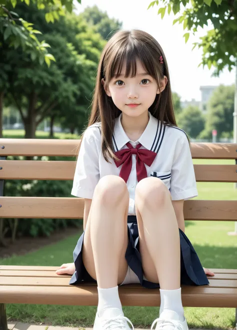 score_9, score_8_ up, score_7_ up,cute girl,sunlight,school uniforms,slender,thin body,thin,Lanky,Young, young and cute girl with her dad,(  white skin:1.1),blouse buttons off, taken from below,toddler body:0.1, sitting on a park bench, Eckup,(Raise your k...