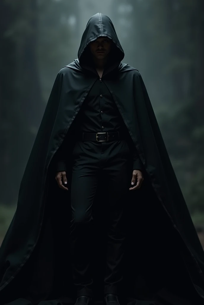 In the image above, put a black cape on the man 