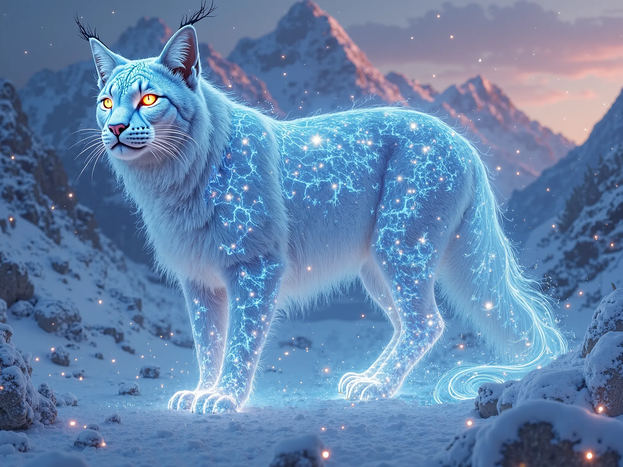 a majestic spectral etheral Lynx with a glowing astral body, it is inside a snow scenario with mountains, neon effects, add magic sparks and blue flames.