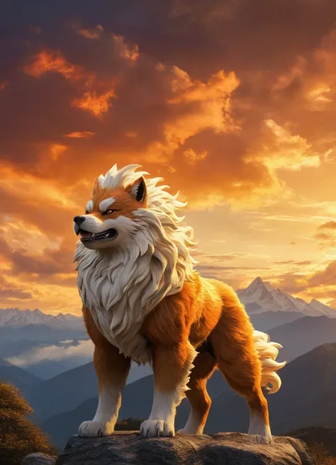 A majestic arcanine against an epic backdrop of mountains and golden sky. He has a dense, shiny coat, with vibrant shades of orange and black, and his mane flows like flames in the wind.  Her intense eyes shine with determination , and his muscular body ex...