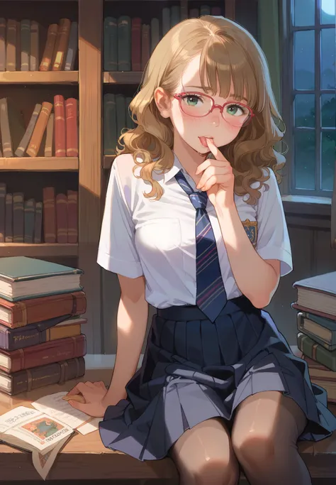 1girl, solo, Hermione Granger, Harry Potter, shy, hogwarts school uniform, unbuttoned, licking her finger, legs spread, blush, skirt, sitting on a desk, sexy pose, alluring, black pantyhose, BREAK, magical study filled with bookshelves, (night time:1.2), c...