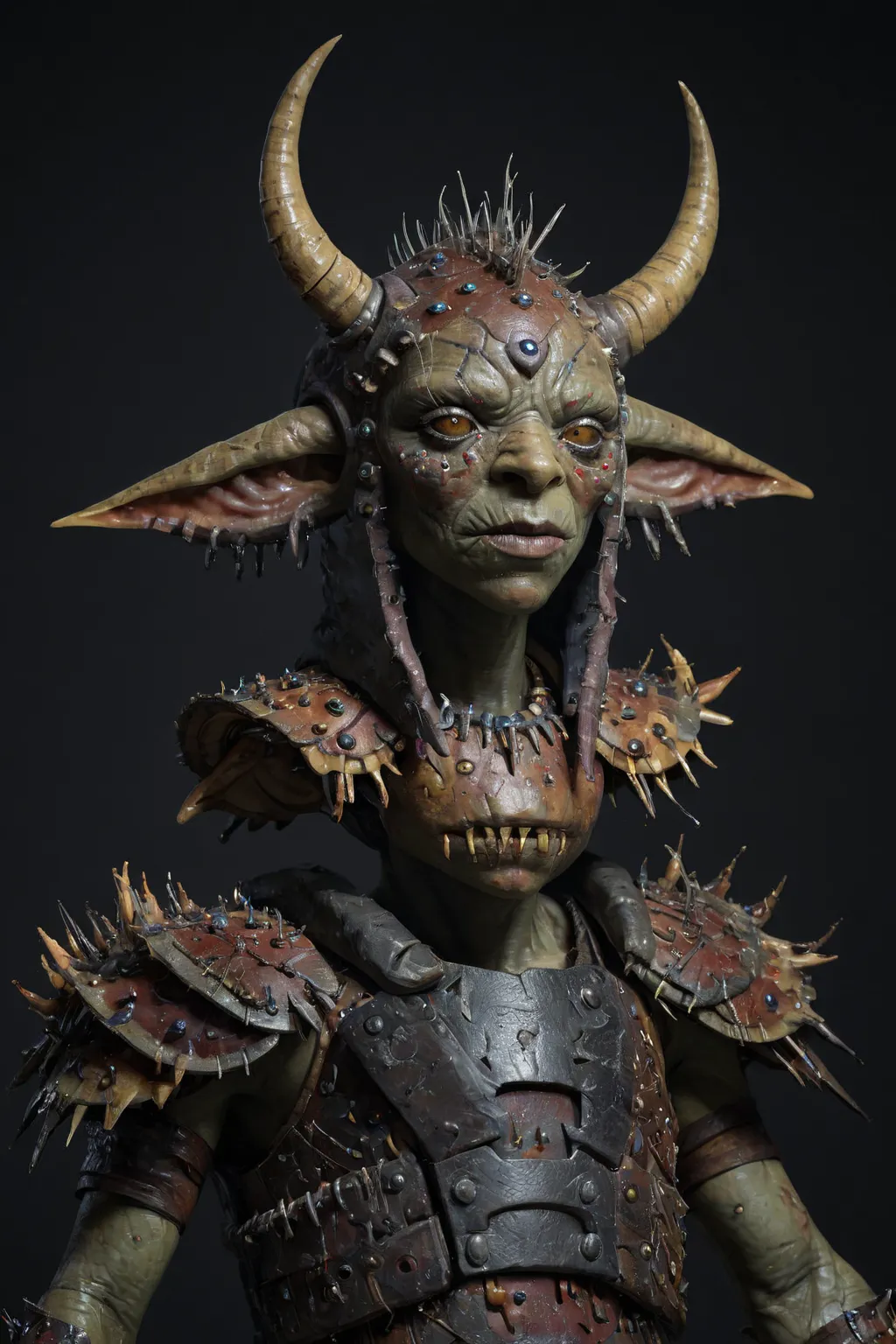 (a monster with multiple arms and multiple eyes and long shaggy hanging ears Dnd), in medieval armor, expressionless, (close-up portrait), cinematic,  multicolor , natural skin textures ,  Hyperrealistic ,  in detail,чрезвычайно  in detail, high contrast,r...