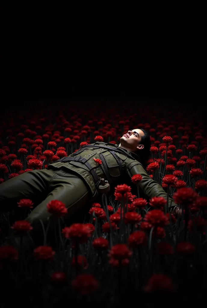 A picture of a dead soldier in the middle of a field of red flowers and a black picture