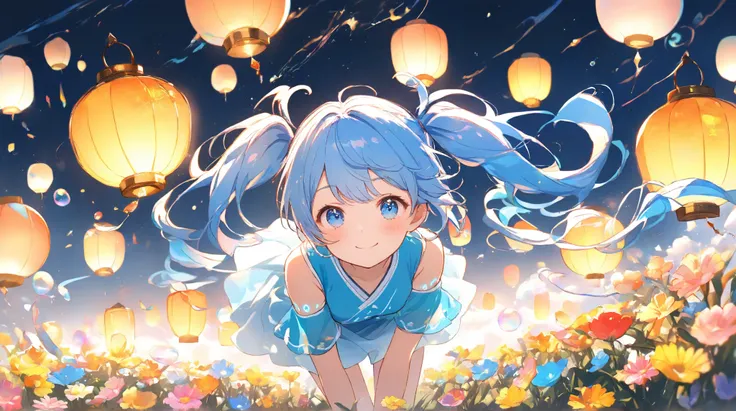 ＪＫ, flowing hair with handprints,beautiful sky from the light source,  beautiful clouds, summer， Colorful Flowers, (Transparent bubbles sparkle in the sky), masterpiece,High Resolution,Wide Angle Lens、1 girl crouching, Hatsune Miku, Vocaloid, blue eyes,  L...