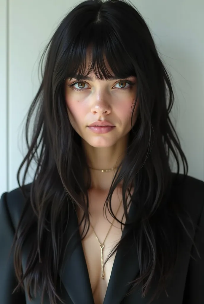  Young girl with features similar to Bella Hadid. Influencer and YouTuber . With long black hair with bangs  .  With an outfit like the squid game .  full body photograph . 