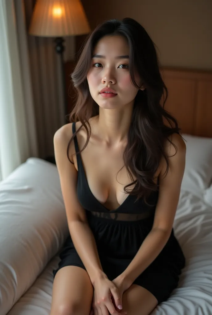 Thai woman sitting on a soft bed about to sleep, wearing a black single-line see-through dress, fresh face without makeup, cute face, inviting, realistic image
