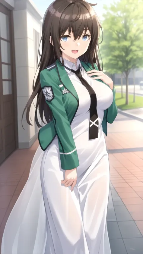 masterpiece, best quality, high quality, girl, solo, looking at viewer, fumiya_tomozaki, brown hair, hair between eyes, large breasts, school uniform, magic_high_school_uniform,green jacket,white dress,black necktie, standing, smile, open mouth, outdoors