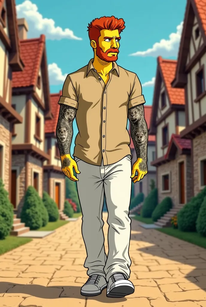 Simpsons style poster of a 24-year-old man with a slim physique, red-haired haired man with a very masculine face,  without a beard, With an arm all tattooed with lion families in black and white, and wearing a beige shirt with a collar and loose white pan...