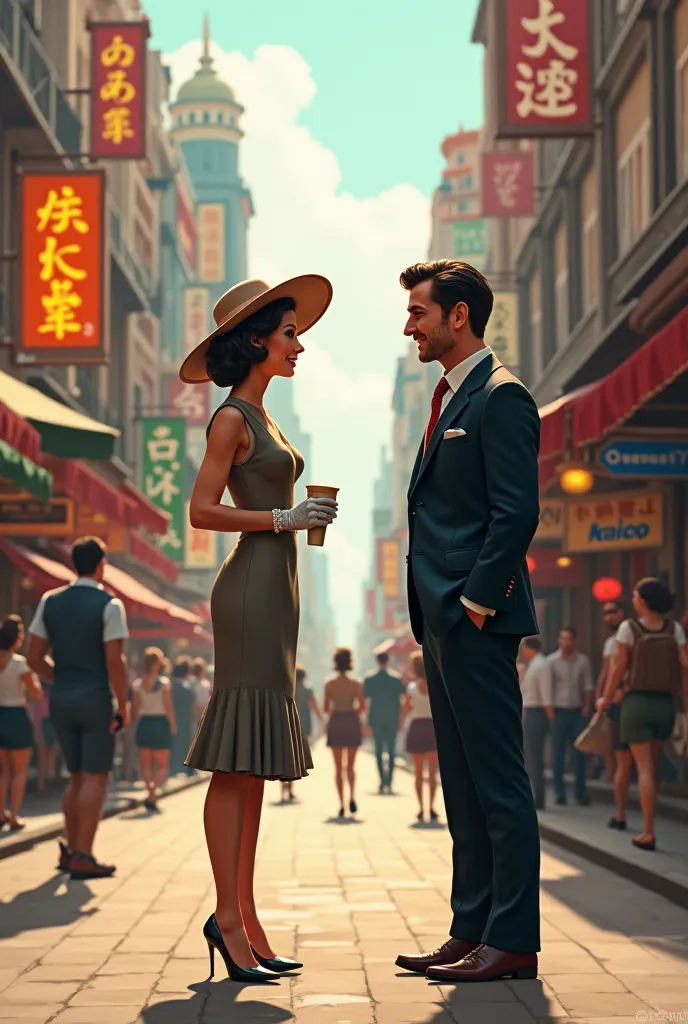 Show a picture of a busy street with a lady and a gentleman talking.