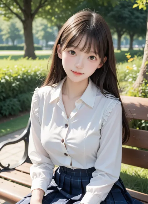 score_9, score_8_ up, score_7_ up,cute girl,sunlight,school uniforms,slender,thin body,thin,Lanky,Young, young and cute girl with her dad,( white skin:1.2),(blouse buttons off:1.5), sitting on a park bench,big breasts,(black tights),(smile:0.1)