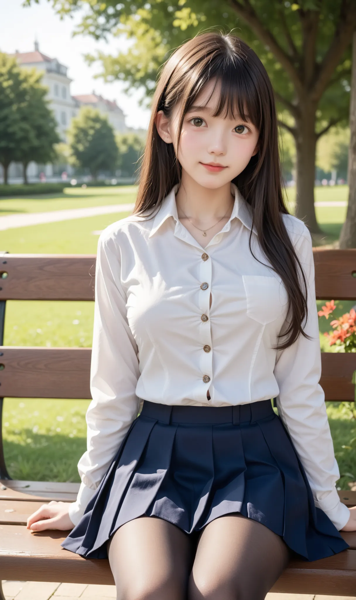 score_9, score_8_ up, score_7_ up,cute girl,sunlight,school uniforms,slender,thin body,thin,Lanky,Young, young and cute girl with her dad,( white skin:1.2),(blouse buttons off:1.5), sitting on a park bench,big breasts,(black tights),(smile:0.1)