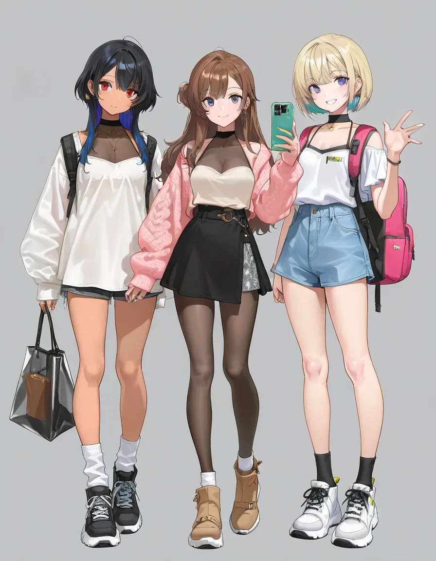 (((Best Quality))), 3 girls, anime characters, fashionable and trendy,  outfit designs, diverse outfits, (character design), outfit design, fashion concept art, knit, shirt,  skirt, shorts, blouse, halter neck, see-through cleavage, see-through sleeves, ja...