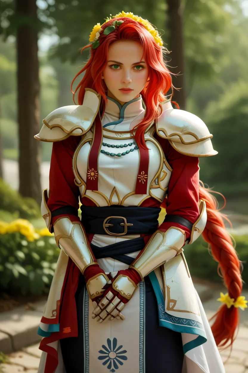 Low lighting、depth of field、advanced details、high contrast、 、Rim Lighting、 long exposure 、DSLR camera、DefTitania, red hair, green eyes, braided ponytail, armor, shoulder armor, red coat, gauntlets, belt, pelvic curtain, pants
valTitania, red hair, green ey...