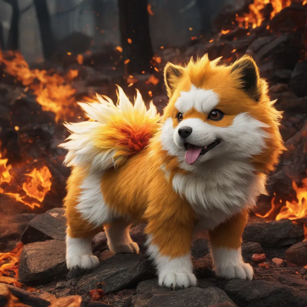 A majestic realistic growlithe , in an atmosphere surrounded by flames 