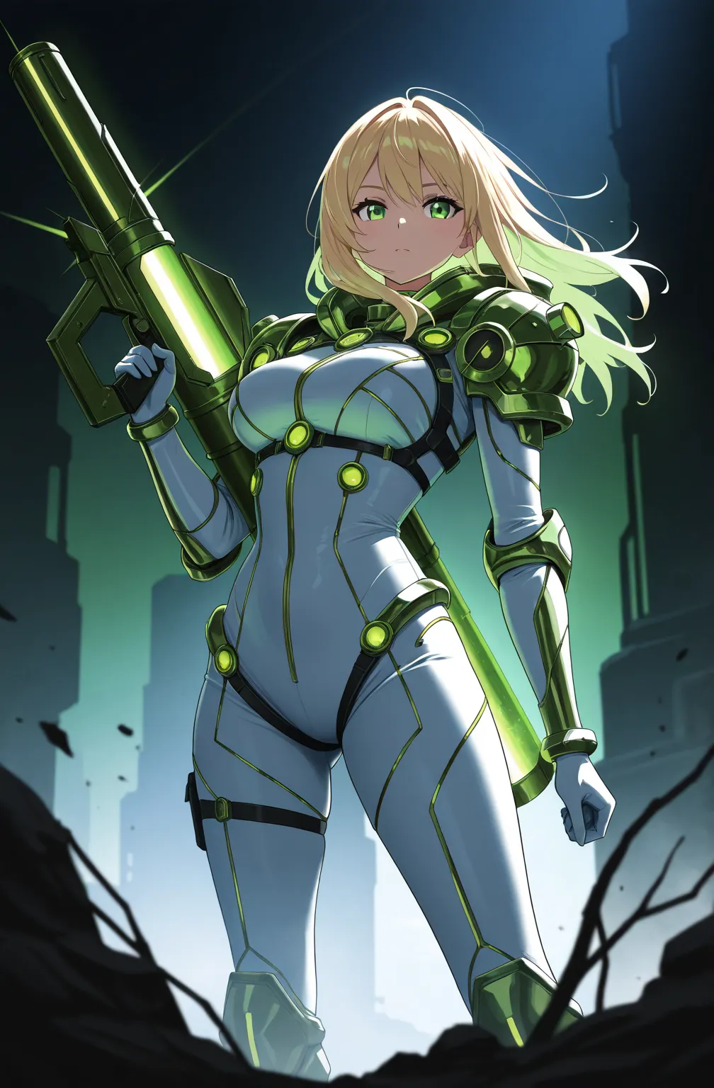 1girl, hand_cannon, blonde, a close up of a woman in a futuristic suit holding a green light weapon, portrait of beautiful , bioorganic varia suit, extremely detailed artgerm, commission for high res, knights of zodiac girl, highly detailed exquisite fanar...