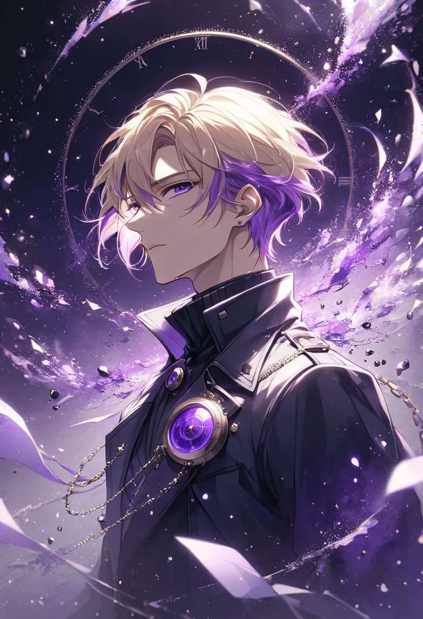 solo, handsome, 1 male, coat, short hair, blond hair, purple highlights hair, purple eyes, time, particles