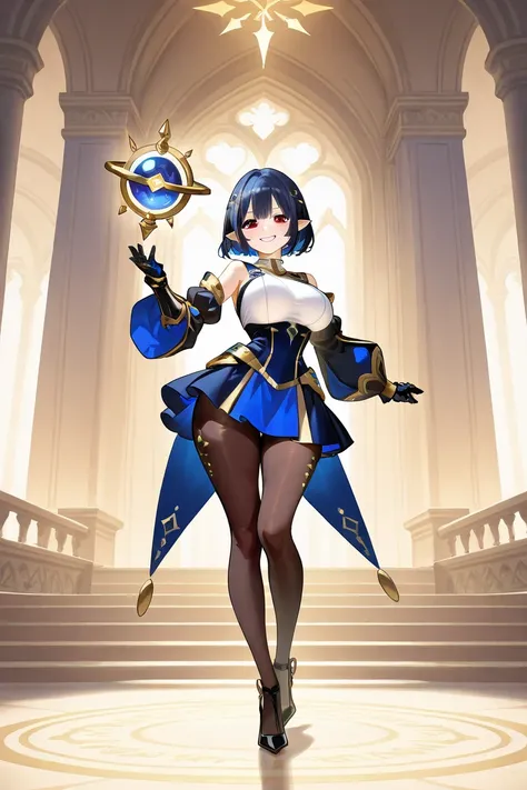  1 girl, with a (pretty face),large breasts, slim waist , wide hips, large butt, red eyes,pointy ears,(dark blue short hair),(white-blue layered outfit with gold accents),(dark-blue short skirt),(dark-brown pantyhose),(detached sleeves),(black gauntlets),(...