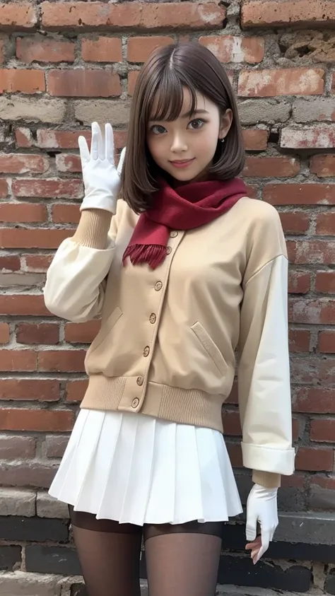 (white layer skirt:1.3)、camel-colored long-sleeved blouson、(gloves:1.3)、scarf、tights、standing in front of a brick-colored brick wall、greatest masterpiece:1.3、Best Quality、Raw photo quality、16k、super detailed depiction power:1.3、detailed background、