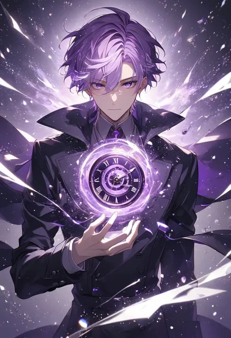 solo, handsome, 1 male, coat, short hair, blond hair, purple highlights hair, purple eyes, time, particles