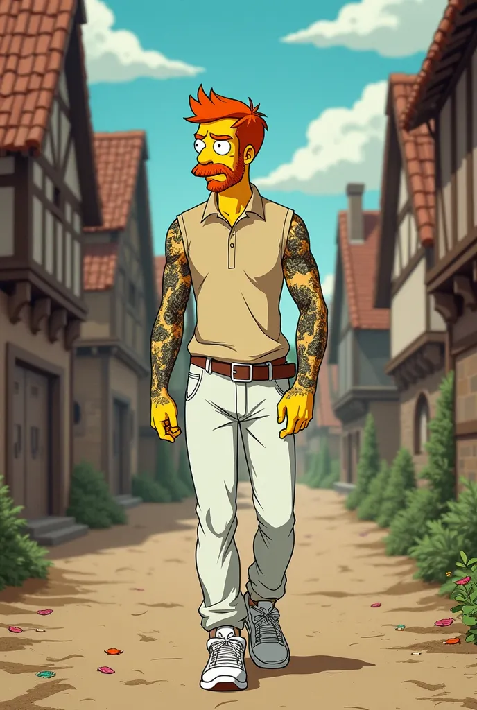 Simpsons style poster of a 24-year-old man with a slim physique, red-haired haired man with a very masculine face,  without a beard, With an arm all tattooed with lion families in black and white, and wearing a beige shirt with a collar and loose white pan...