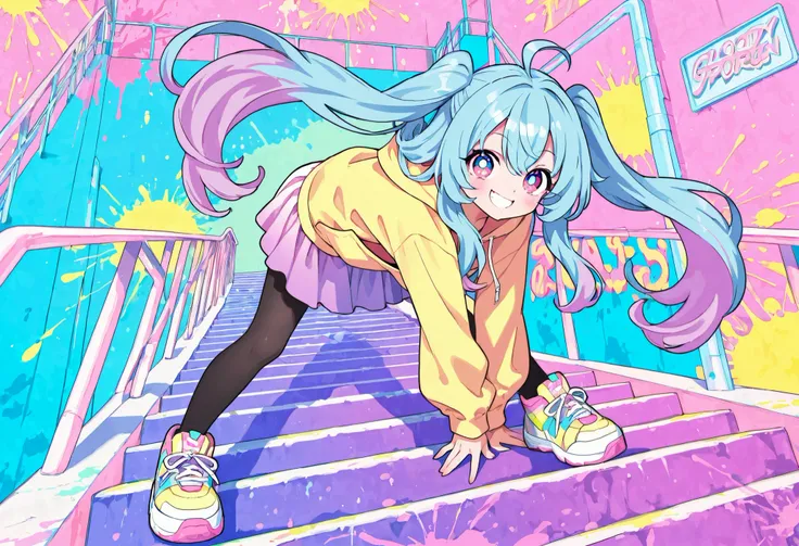 Ghost Girl、tooth、Pink Garden、black tights、 colorful and pop-style outdoor staircase. A cheerful girl is doing a bridge pose while playfully descending the stairs upside down. Her long twin-tailed hair flows as she moves, and she has sparkling, big eyes wit...