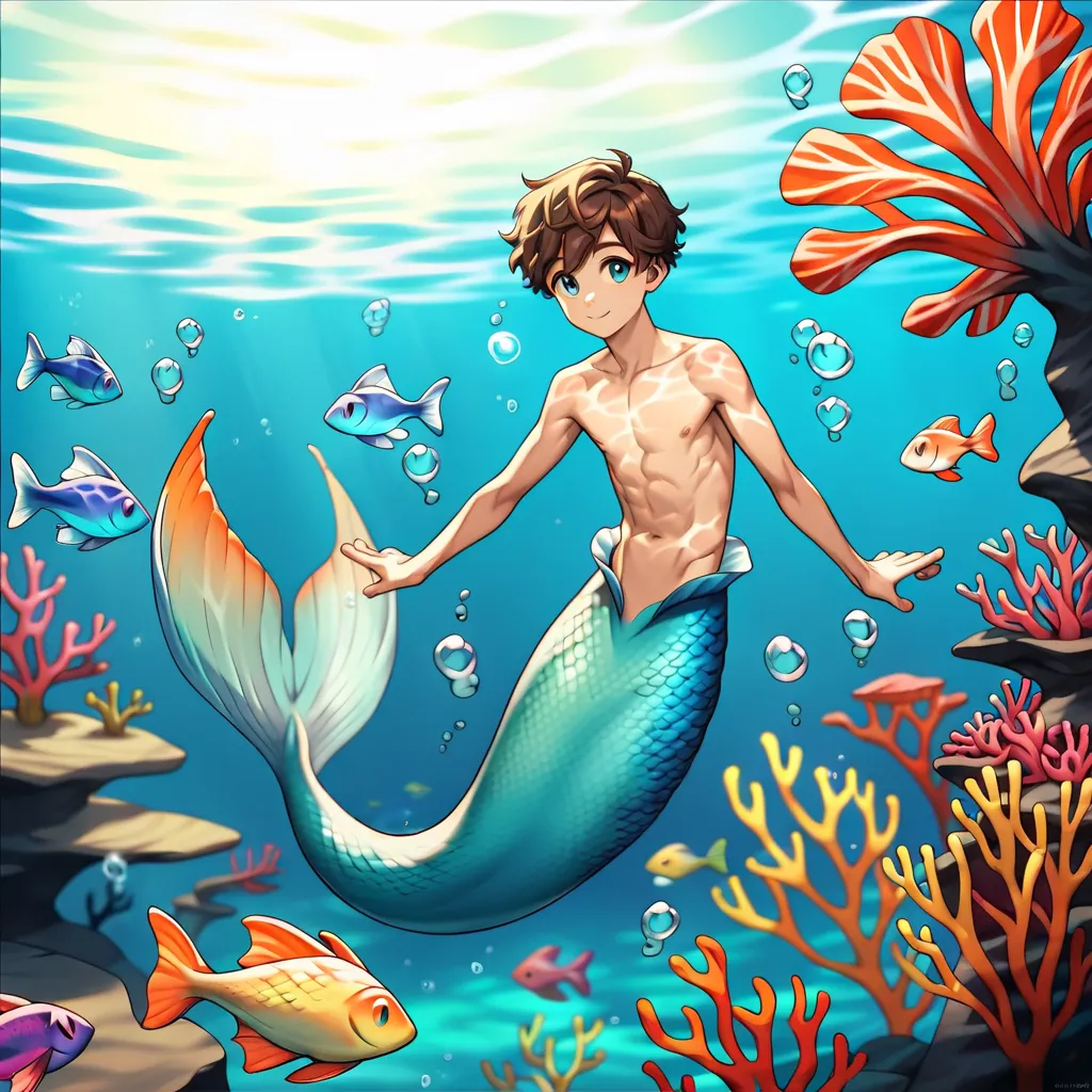 Young merman, merman, merman body, male, young man, young adult, blue pearlescent scales, translucent blue fins, shirtless, wavy hair, Solo, Bangs, Brown Hair, Light Smile, Aqua Eyes, Light Tan Skin, Full Body, underwater, coral reef, enchanting atmosphere...