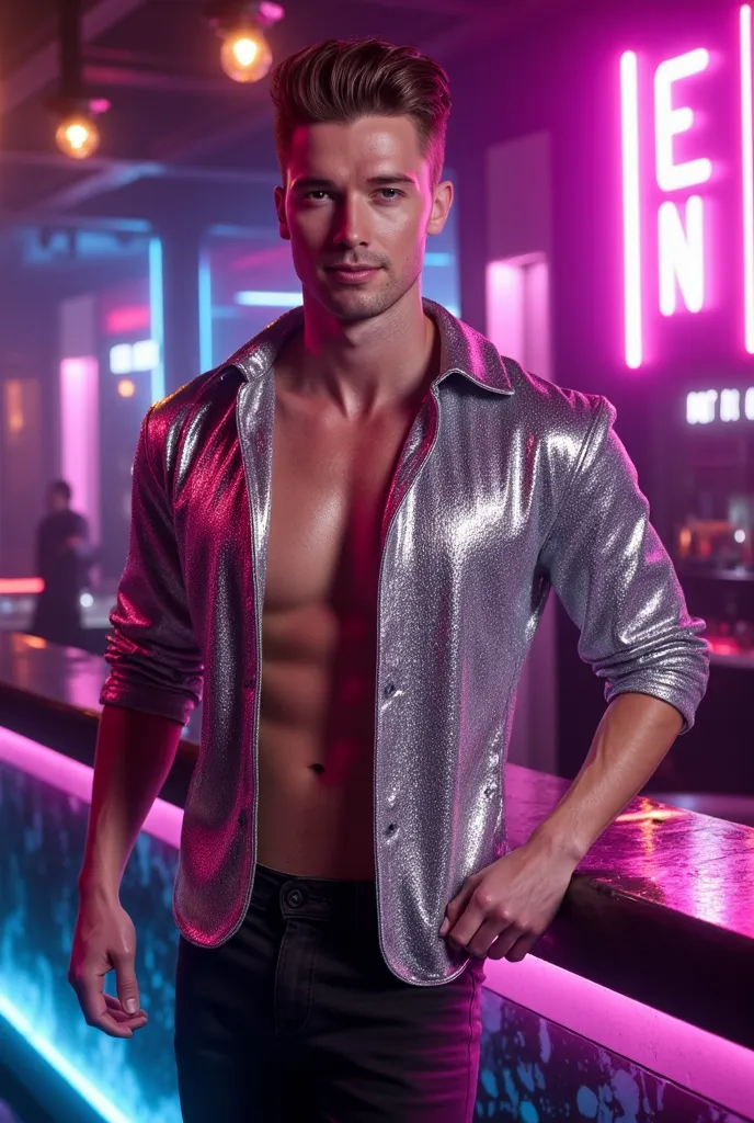 Cybernetic Bar
"In a stylish cybernetic bar filled with glowing drinks and advanced mixology, a tall, lean, and muscular man with smooth white skin stands confidently at the counter. His short hair is expertly styled, and he wears a fitted, partially unbut...