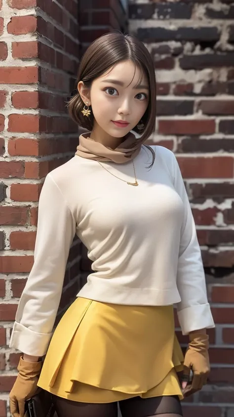 (layer skirt:1.3)、camel-colored long-sleeved blouson、(gloves:1.3)、scarf、tights、standing in front of a brick-colored brick wall、greatest masterpiece:1.3、Best Quality、Raw photo quality、16k、super detailed depiction power:1.3、detailed background、earrings、brace...