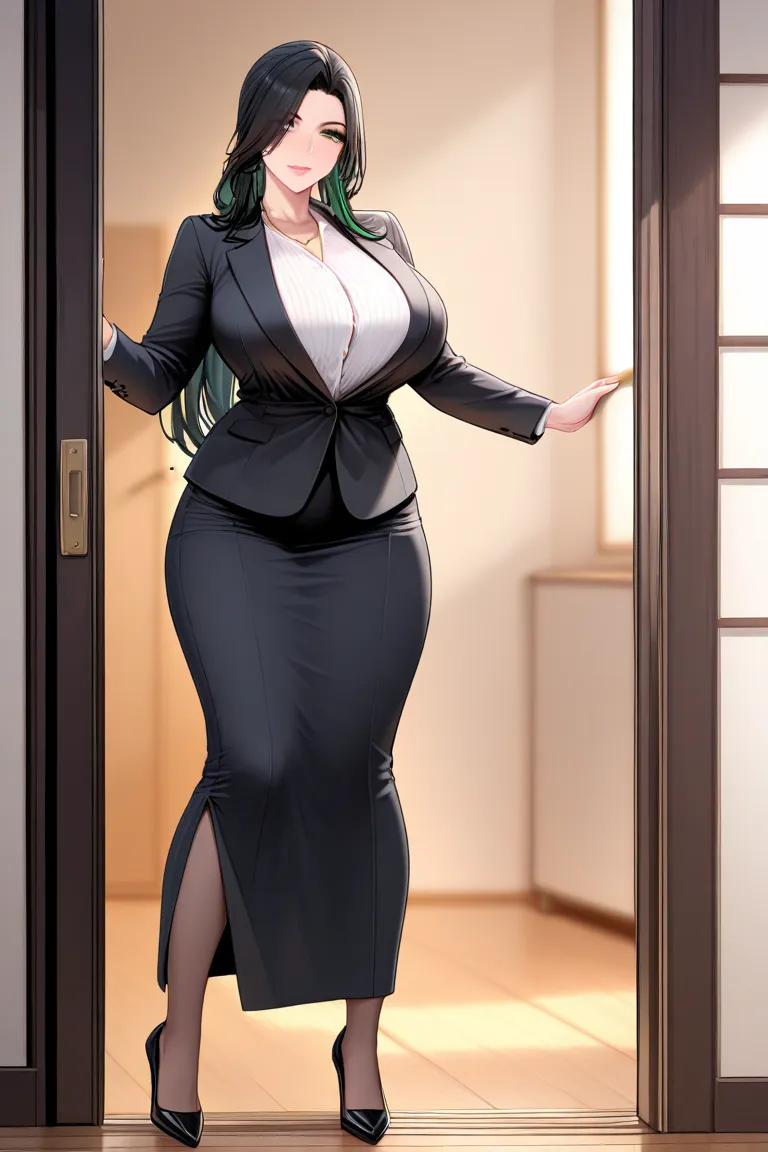 Create an anime version image: A 39-year-old girl with long black hair, green eyes and wearing work clothes with black heels. She is at the entrance to the inside of the house, taking off her black heels 