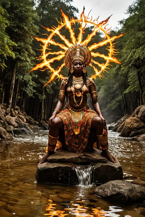 "Create a vibrant and mystical image that represents the connection between African mythology and wisdom. The image should include symbols of the Orixás, with a spiritual and sacred atmosphere. Incorporate elements of nature, such as water, fire, and trees...