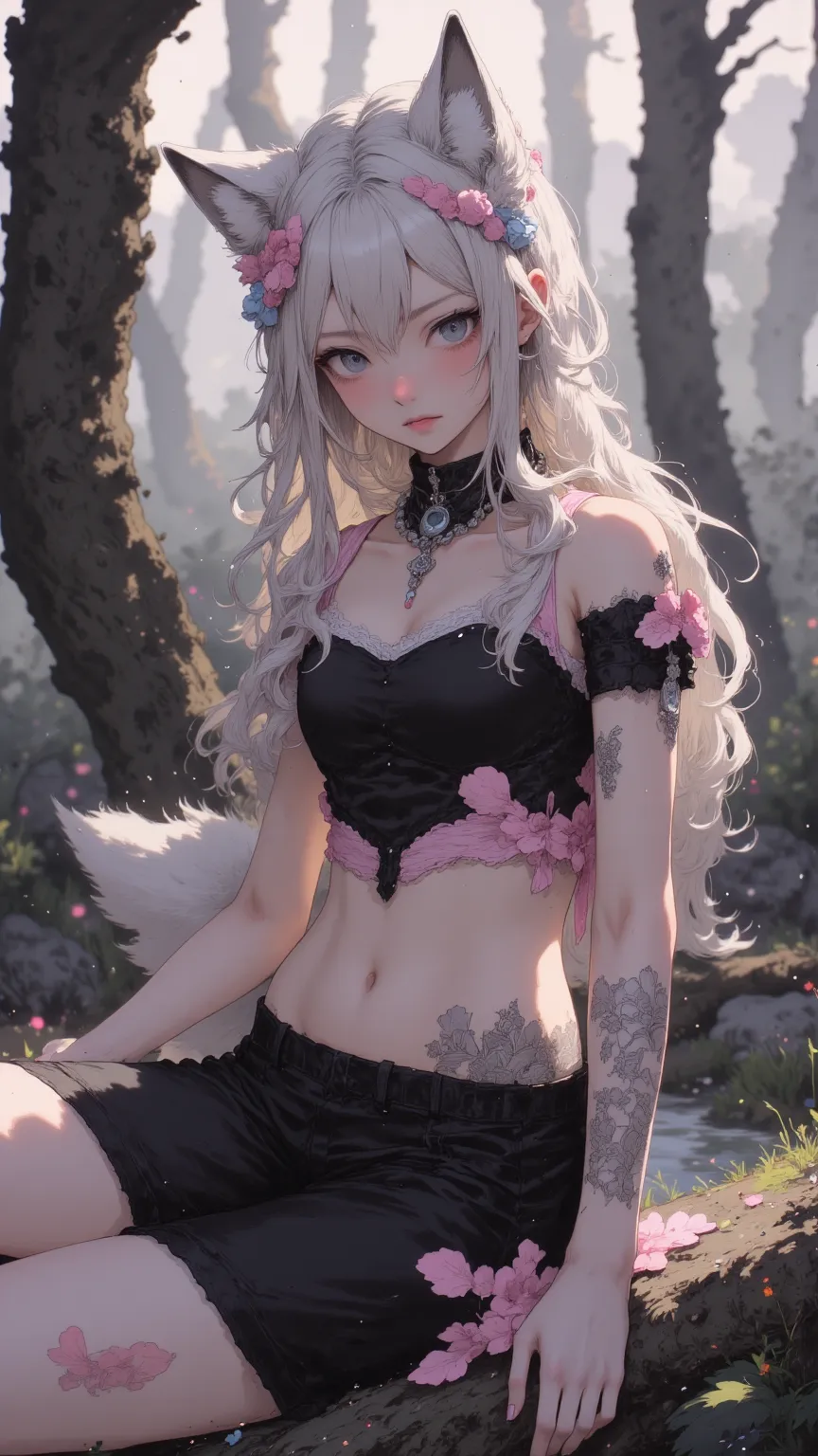 high quality,4K,Super Detail,Super Realistic,HDR,Real Light, professional ,Vivid Color,Bokeh, blue eyes,Off Shoulder Short Top,shorts,Abdominal muscles,Thigh Wolf Tattoo, Wolf Ears ,Wolf Tail,Feminized Mist,Prickly Blonde,Outdoor Natural Landscape,Gentle L...