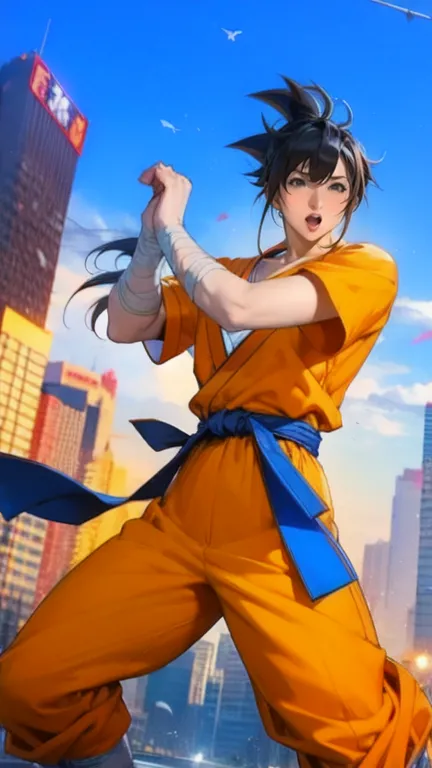  Goku Costume、long legs、Black Hair Fluttering in the Wind、glamorous、Has Bandages on Both Hands、take a martial arts stance、Also々Performance、thin waist