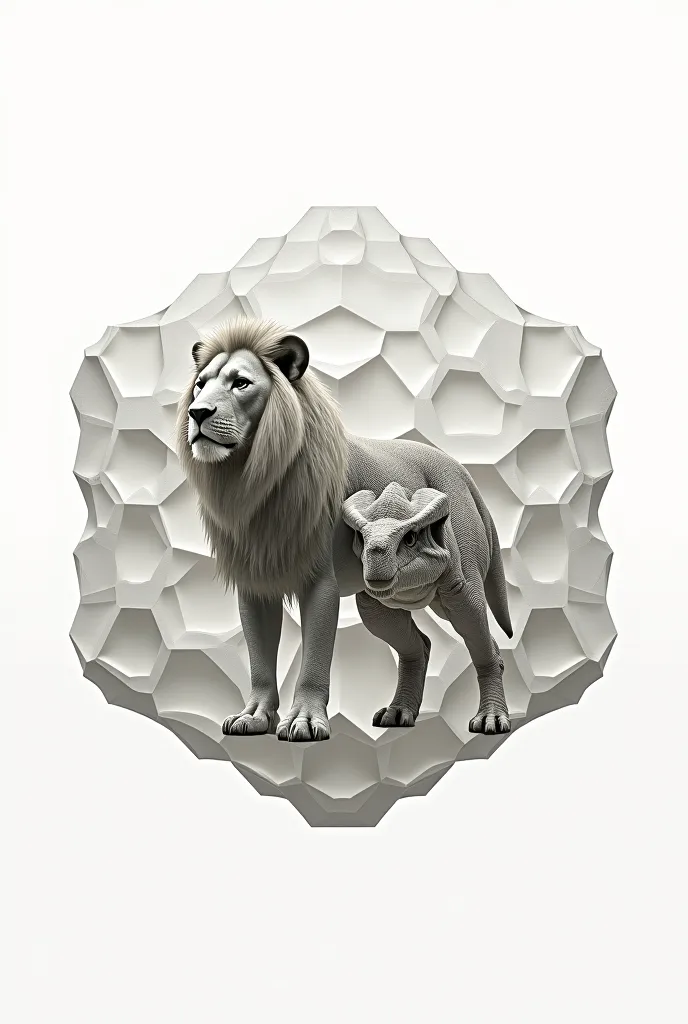 A white image of a lion and a dinosaur in the form of a hexagonal beehive 